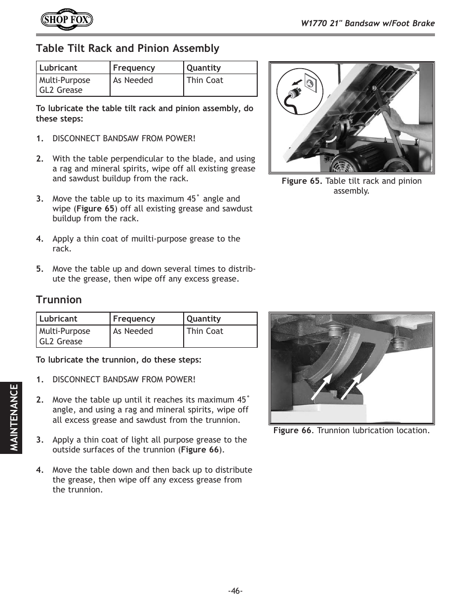 Table tilt rack and pinion assembly, Trunnion | Woodstock W1770 User Manual | Page 48 / 72