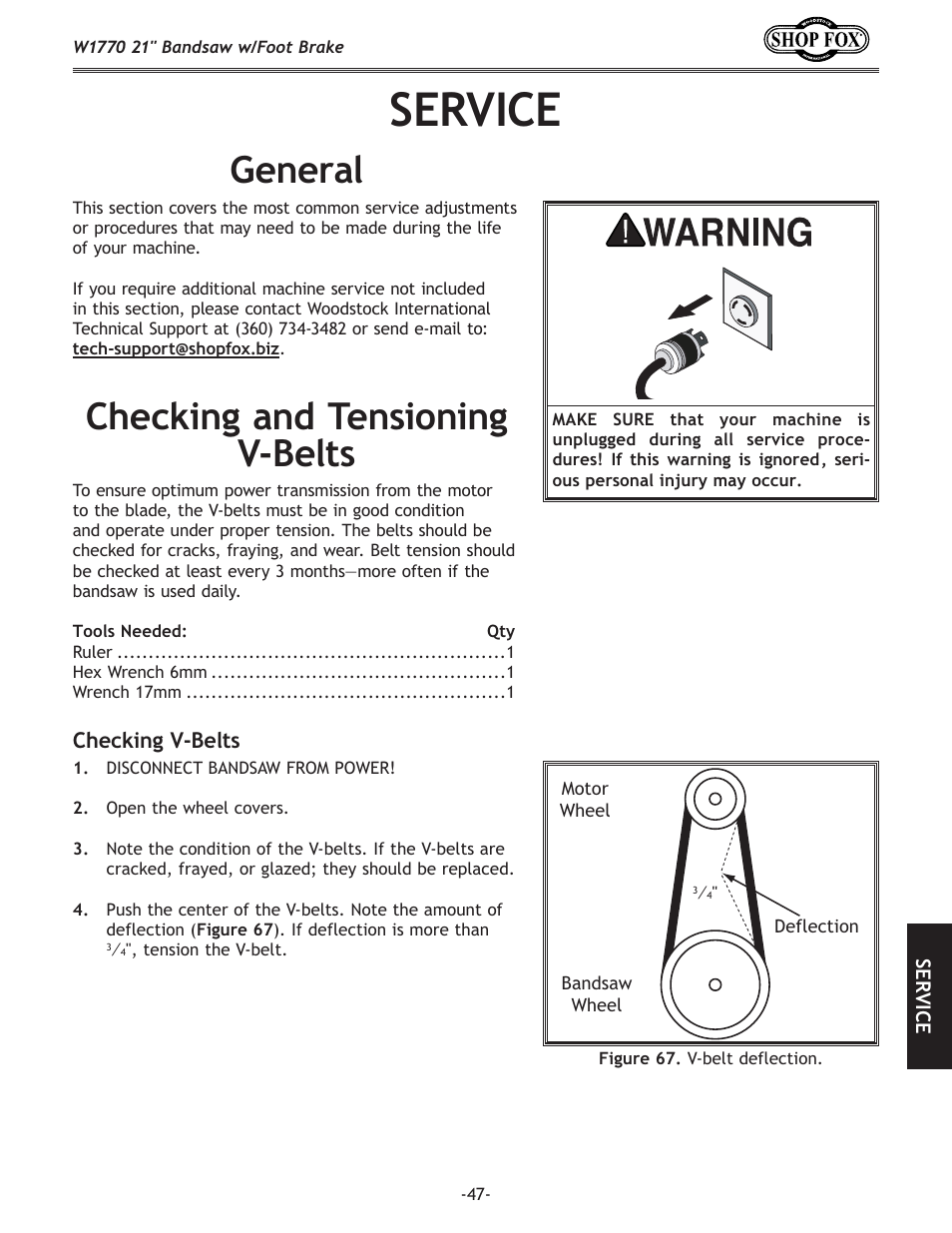Service, General, Checking.and.tensioning. v-belts | Woodstock W1770 User Manual | Page 49 / 72