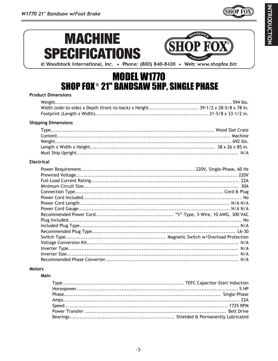 Model w1770, Shop fox, 21" bandsaw 5hp, single phase | Woodstock W1770 User Manual | Page 5 / 72