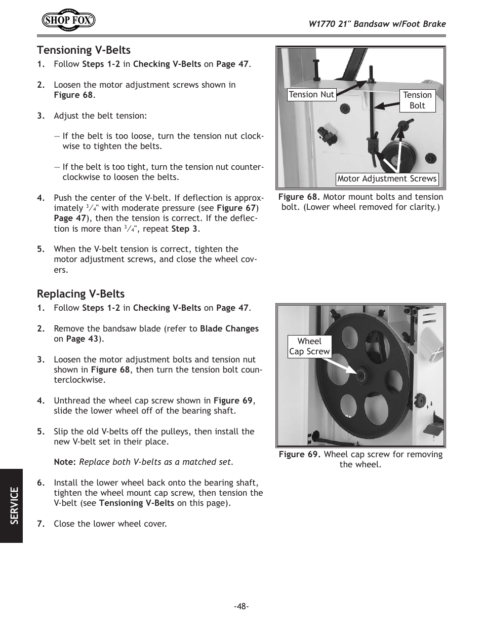 Tensioning.v-belts, Replacing.v-belts | Woodstock W1770 User Manual | Page 50 / 72