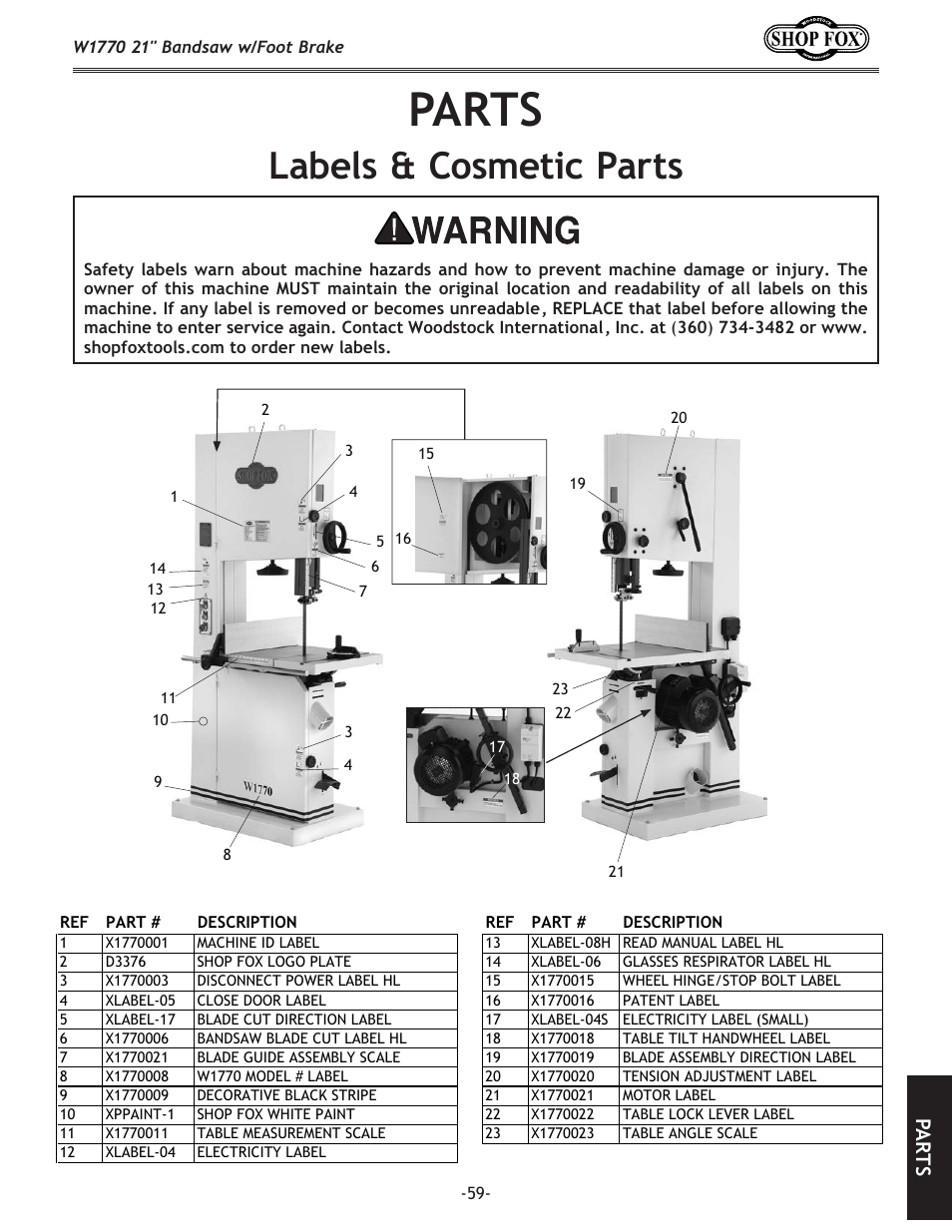 Parts, Labels.&.cosmetic.parts, Pa rt s | Woodstock W1770 User Manual | Page 61 / 72