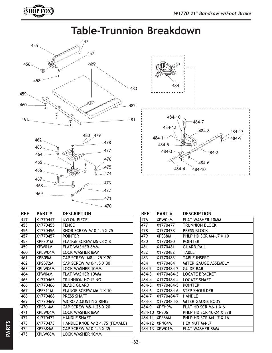Table-trunnion.breakdown, Pa rt s | Woodstock W1770 User Manual | Page 64 / 72