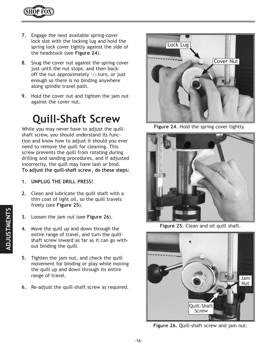 Quill-shaft.screw, Adjustments | Woodstock THE SHOP FOX D2722 User Manual | Page 18 / 44