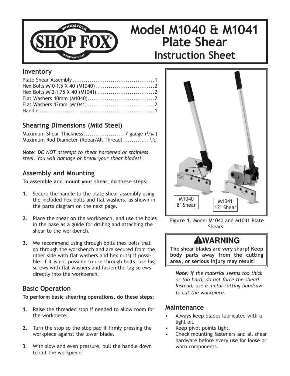 Woodstock M1040 User Manual | 2 pages