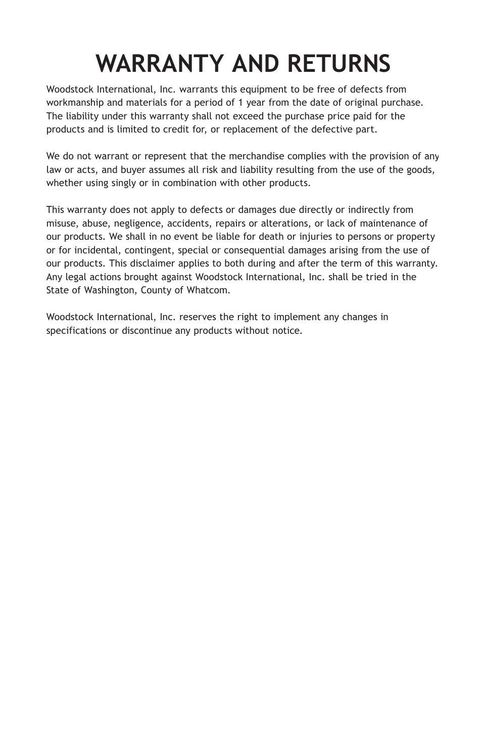 Warranty and returns | Woodstock SHOPFOX D4065 User Manual | Page 12 / 12