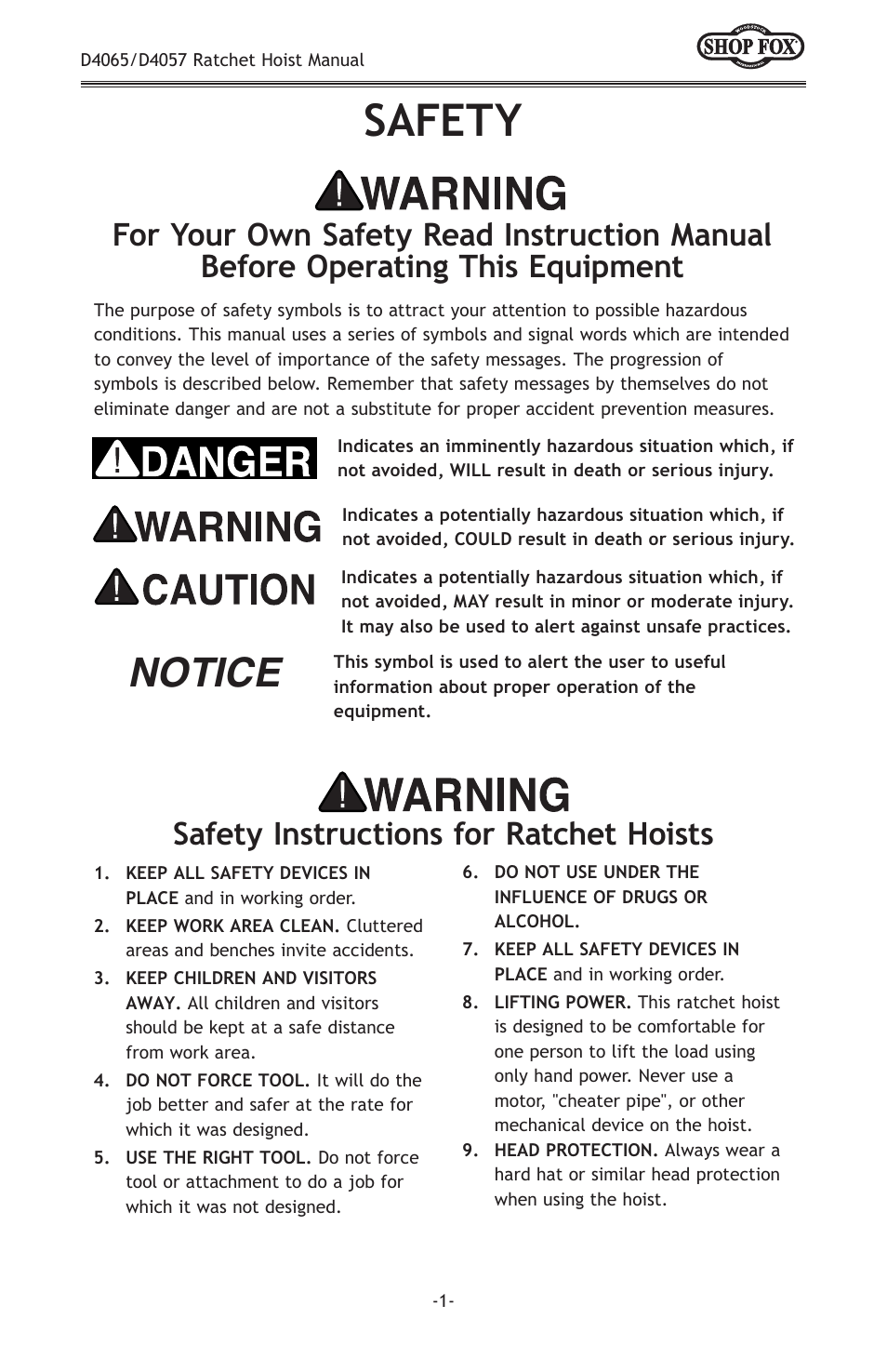 Safety, Notice, Safety instructions for ratchet hoists | Woodstock SHOPFOX D4065 User Manual | Page 3 / 12