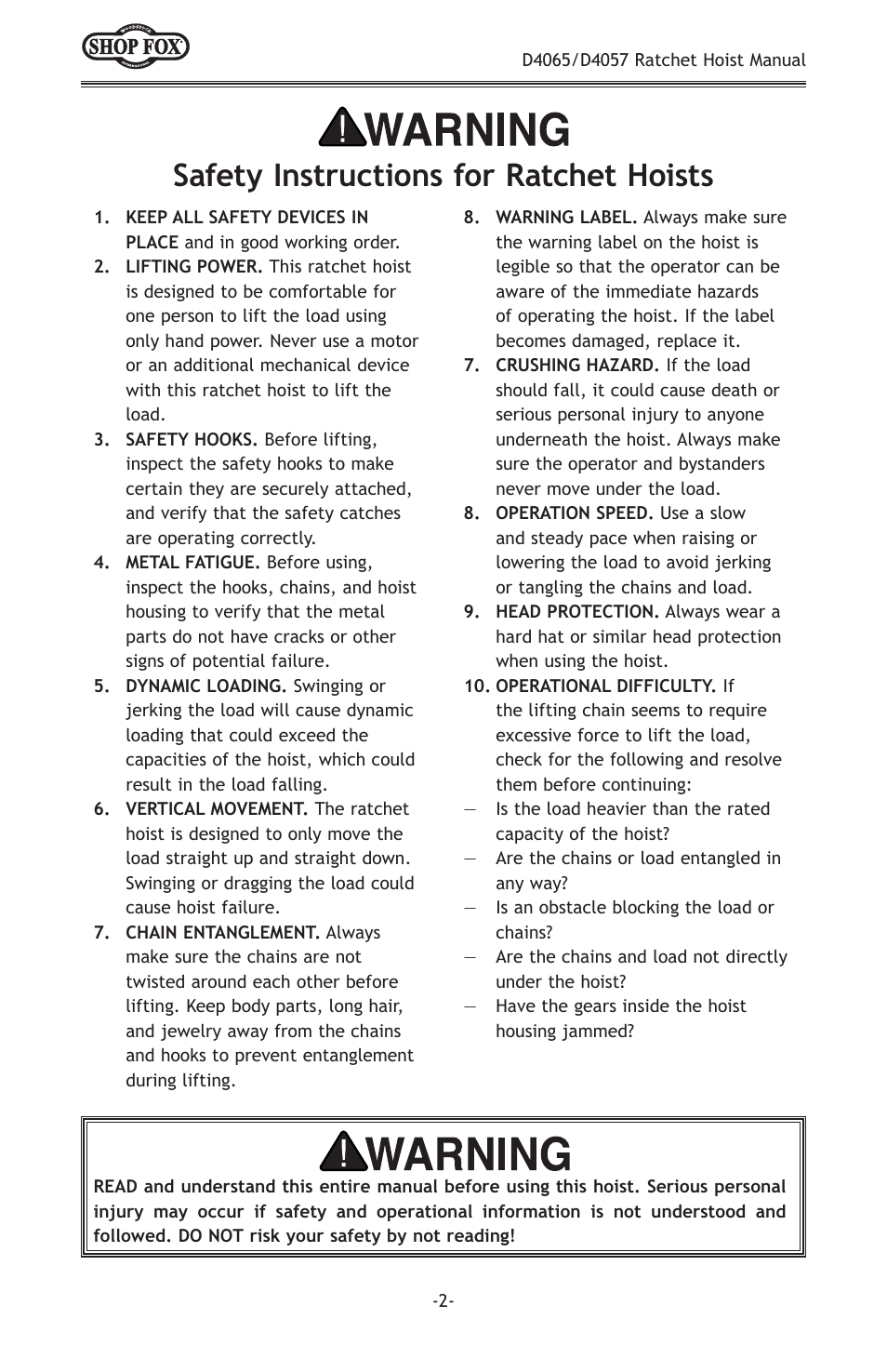 Safety instructions for ratchet hoists | Woodstock SHOPFOX D4065 User Manual | Page 4 / 12