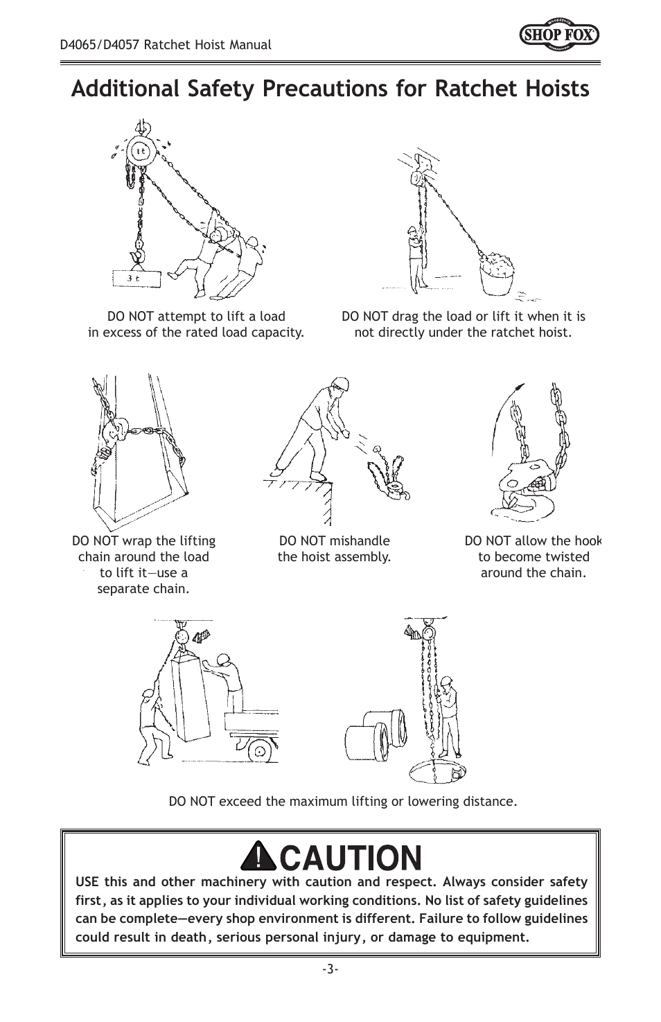 Additional safety precautions for ratchet hoists | Woodstock SHOPFOX D4065 User Manual | Page 5 / 12