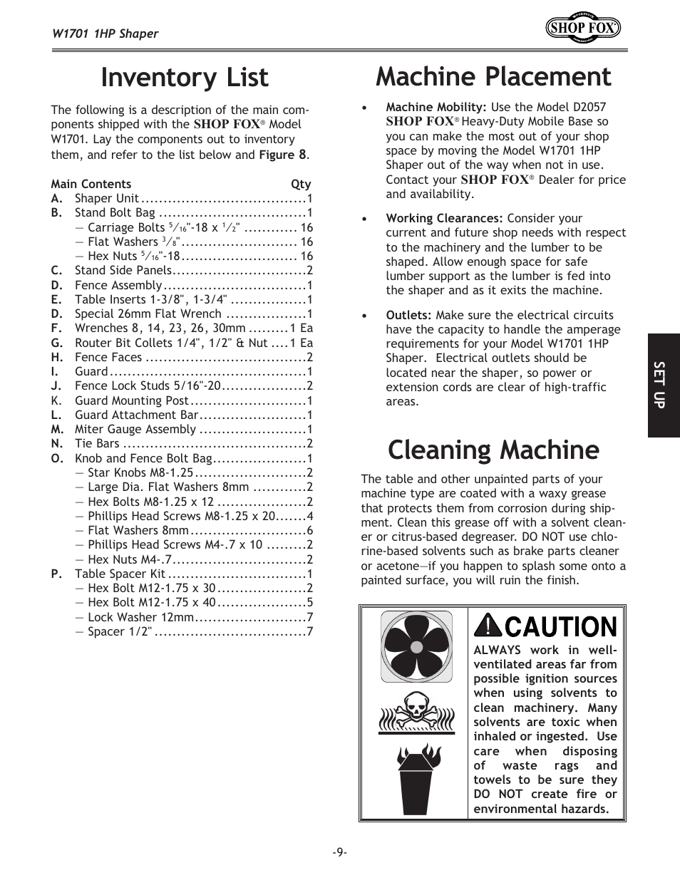Cleaning machine, Machine placement, Inventory list | Woodstock SHOP FOX W1701 User Manual | Page 12 / 37