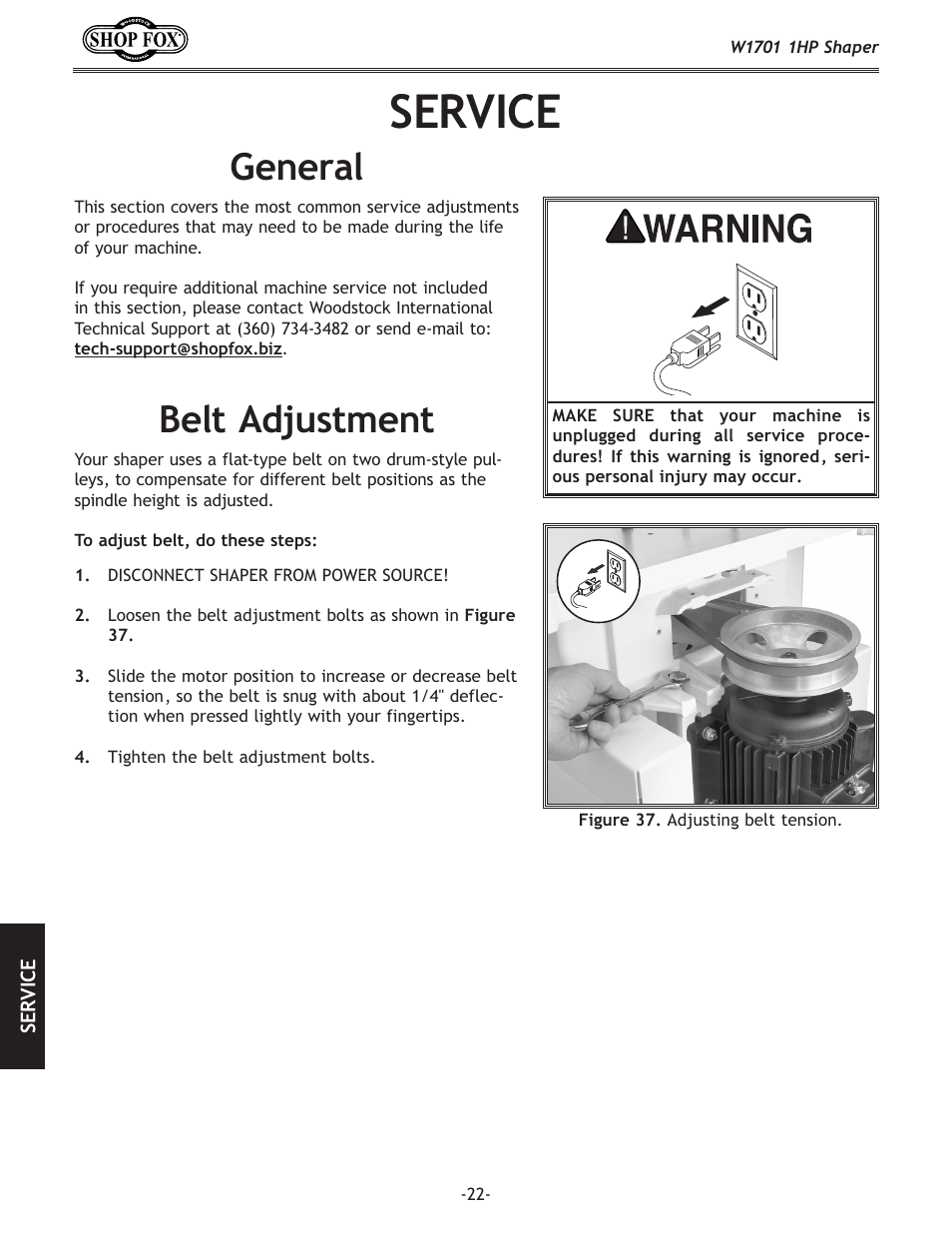 Service, General, Belt adjustment | Woodstock SHOP FOX W1701 User Manual | Page 25 / 37