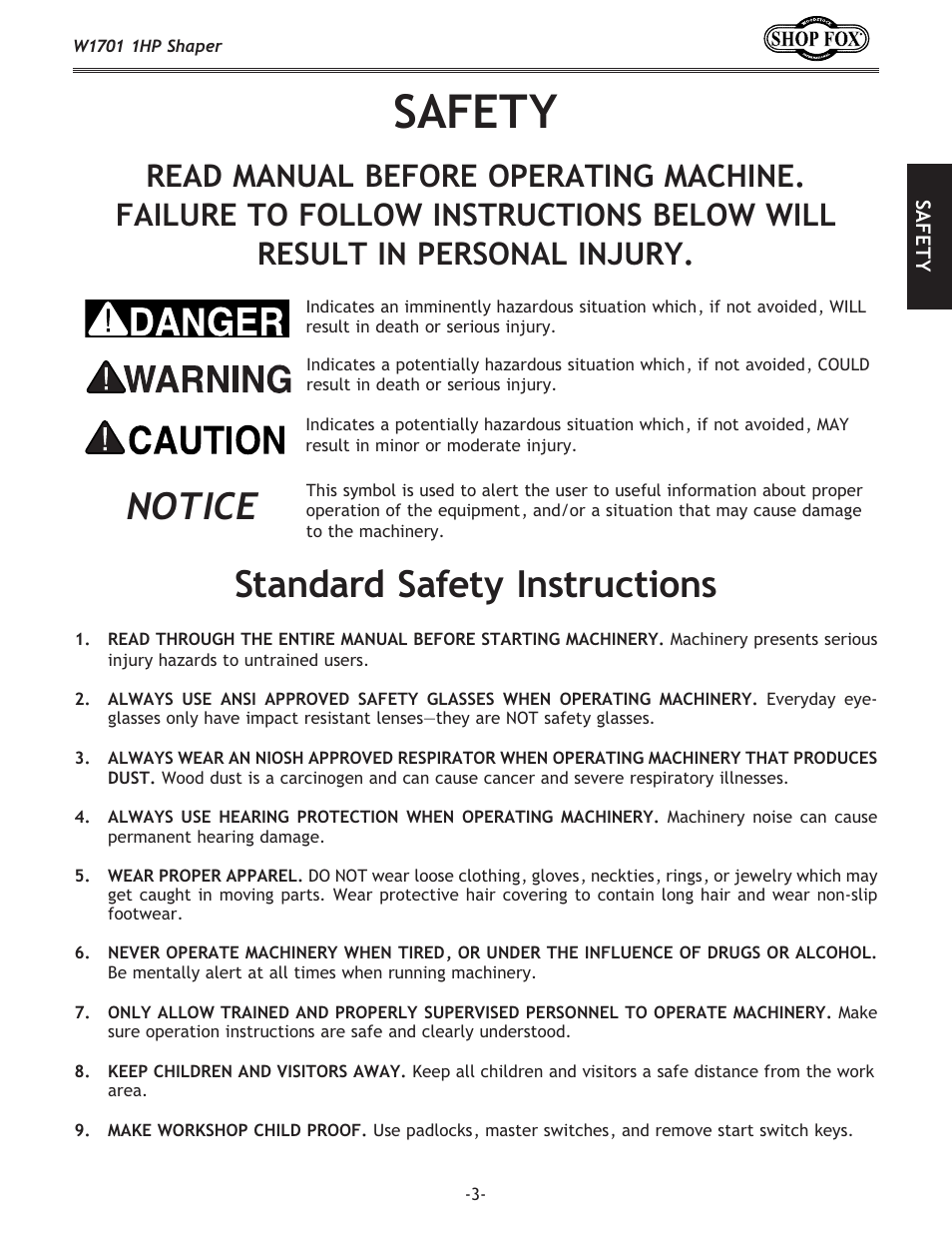 Safety, Standard safety instructions, Notice | Woodstock SHOP FOX W1701 User Manual | Page 6 / 37