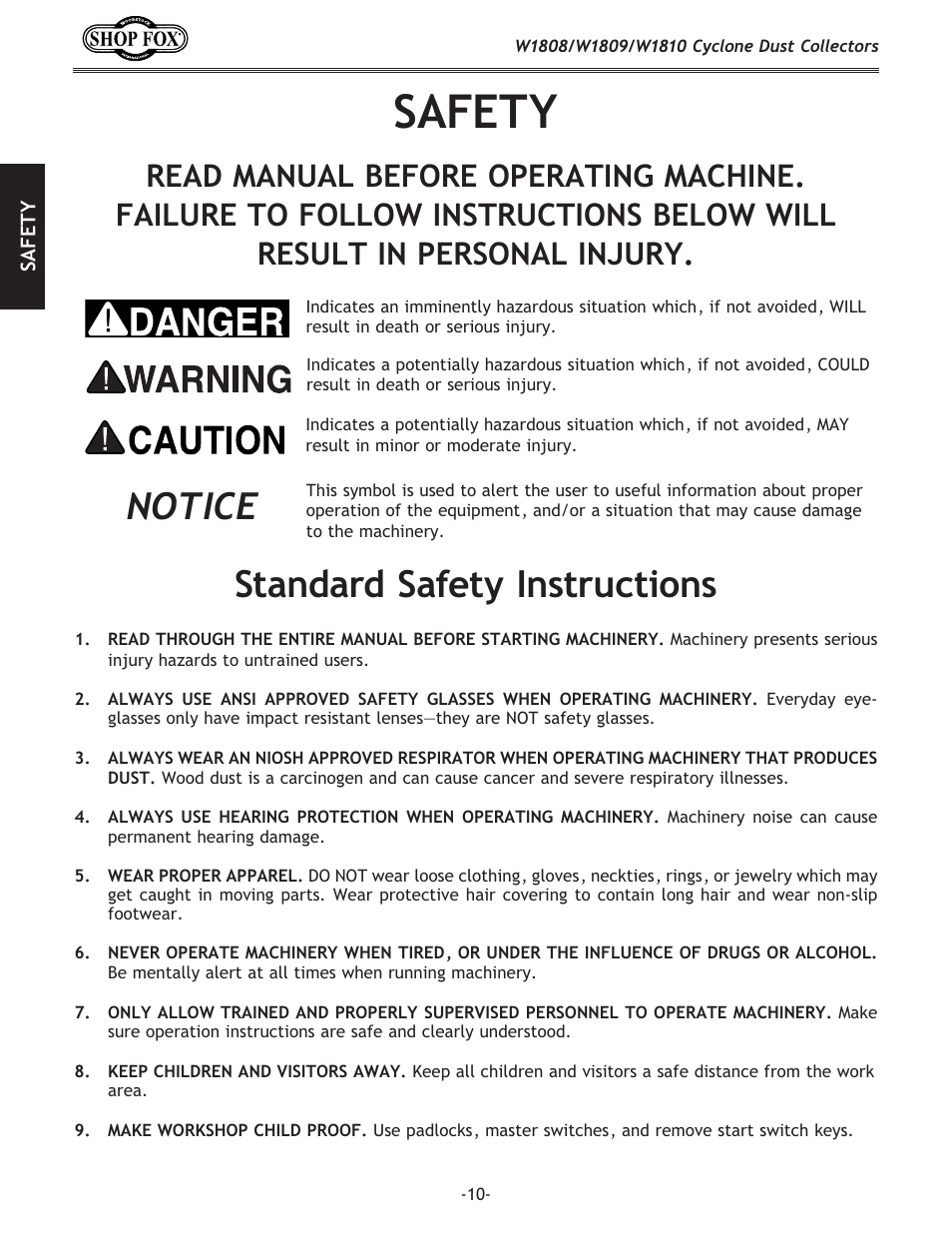 Safety, Standard safety instructions, Notice | Woodstock SHOP FOX W1808 User Manual | Page 12 / 64