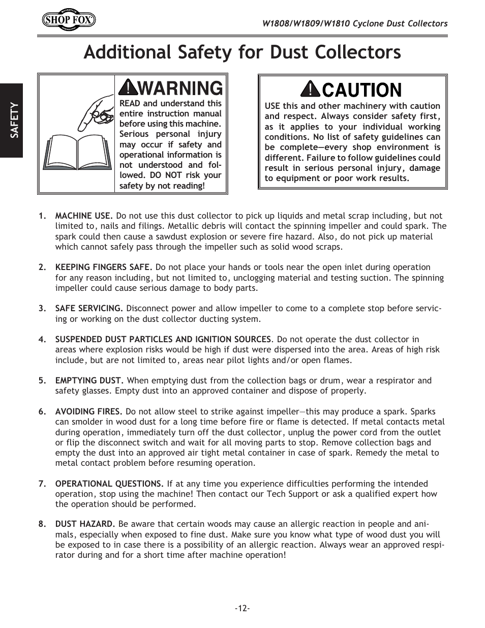 Additional safety for dust collectors | Woodstock SHOP FOX W1808 User Manual | Page 14 / 64