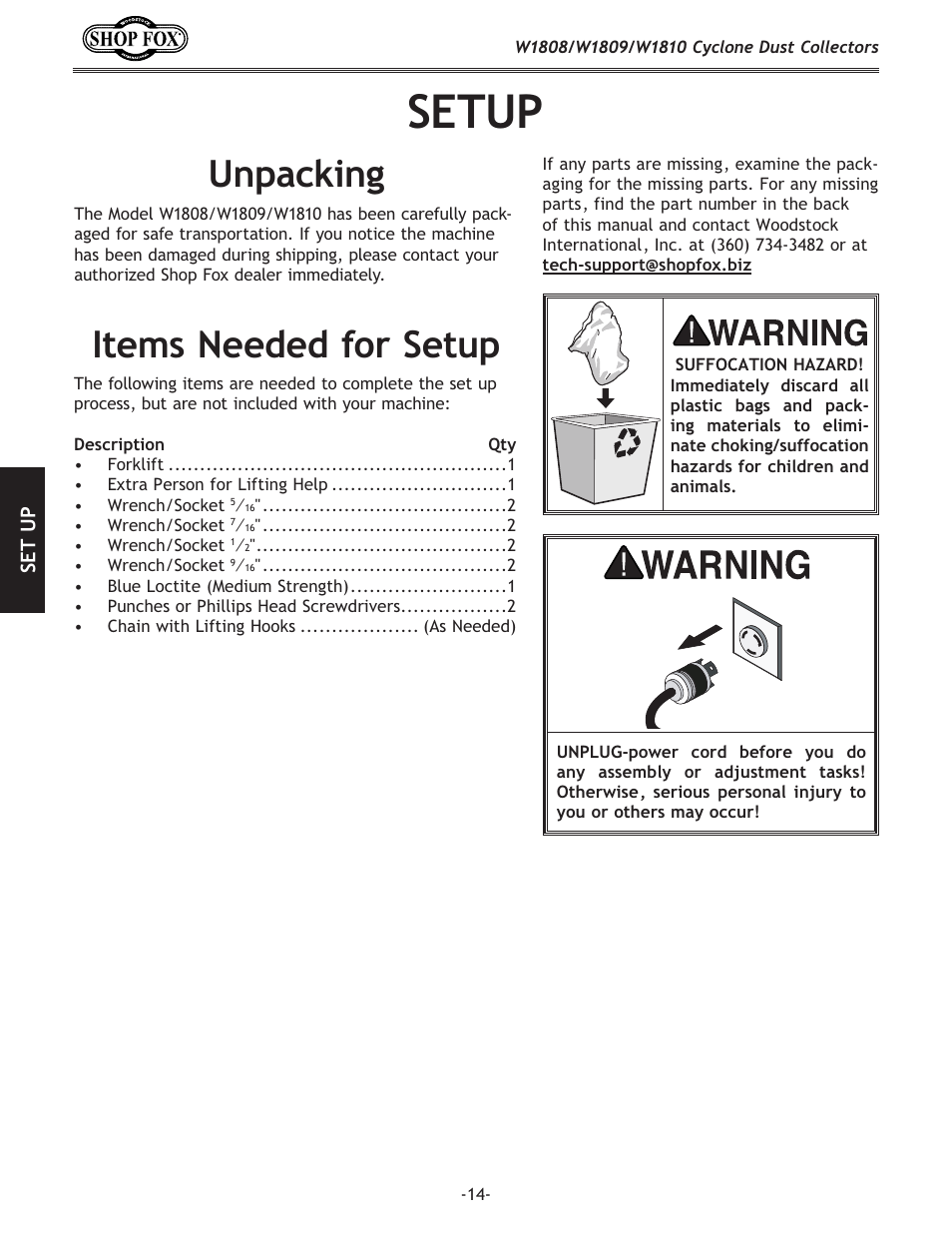 Setup, Unpacking, Items needed for setup | Woodstock SHOP FOX W1808 User Manual | Page 16 / 64