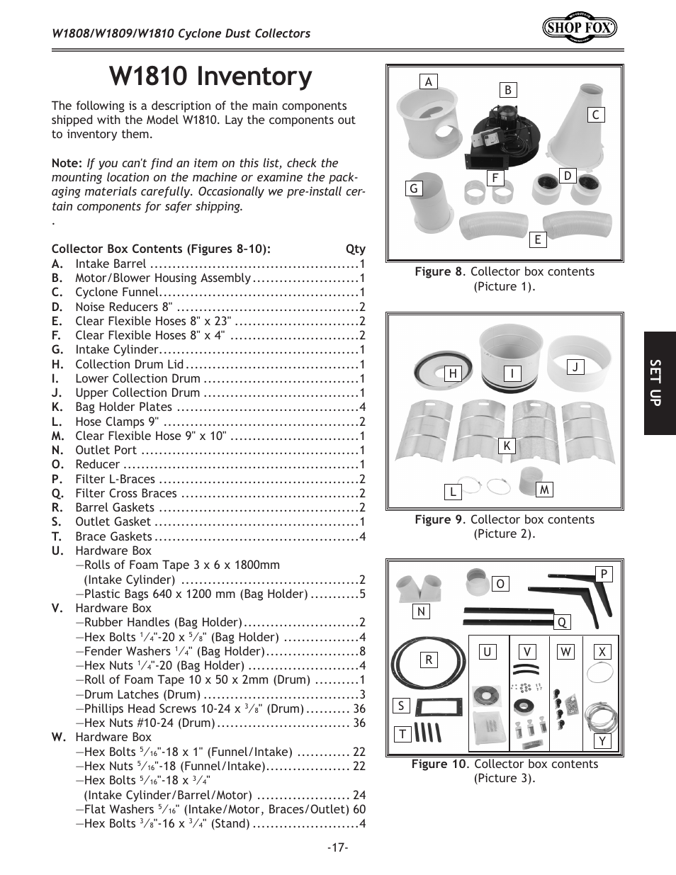 W1810 inventory, Se t u p | Woodstock SHOP FOX W1808 User Manual | Page 19 / 64