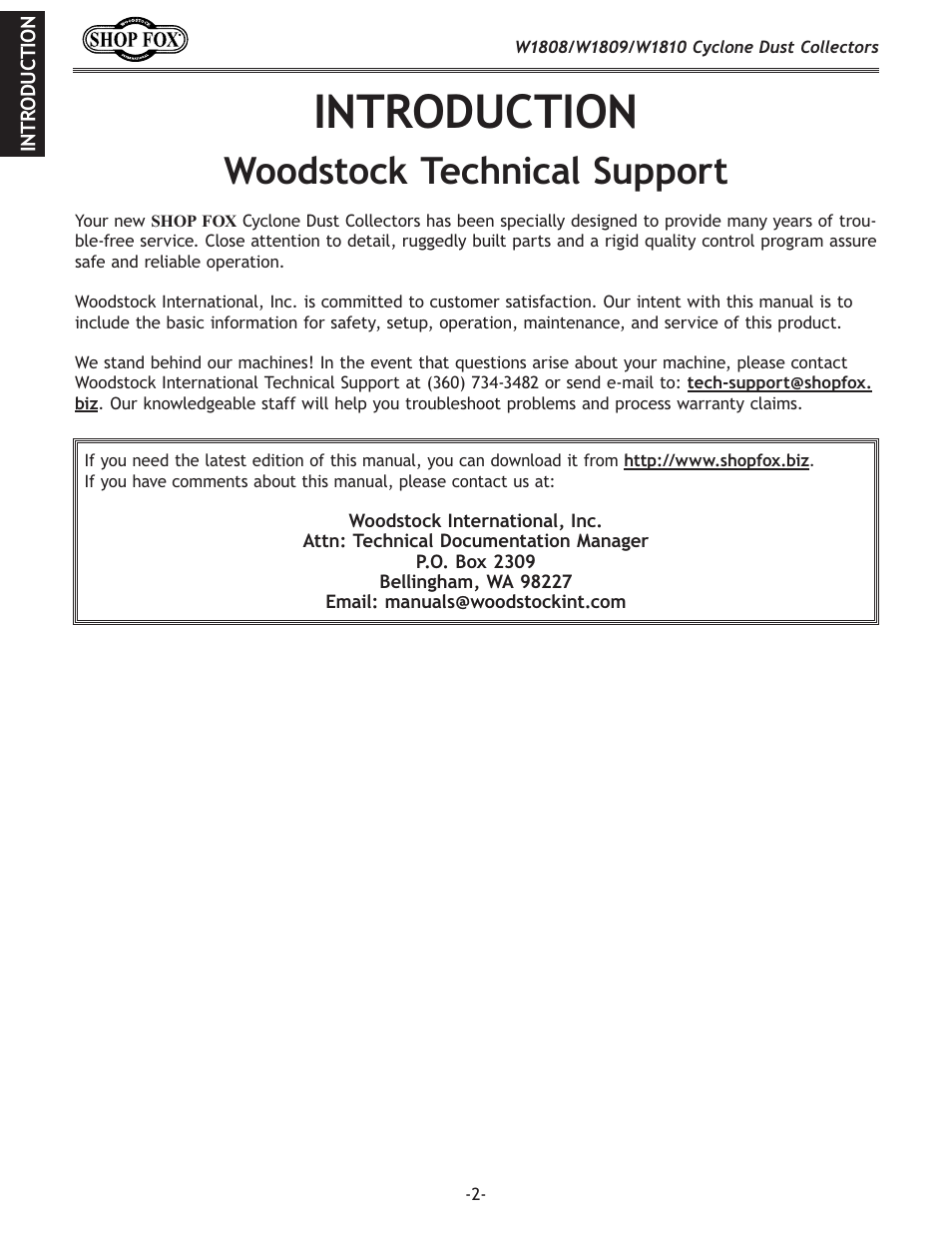 Introduction, Woodstock technical support | Woodstock SHOP FOX W1808 User Manual | Page 4 / 64