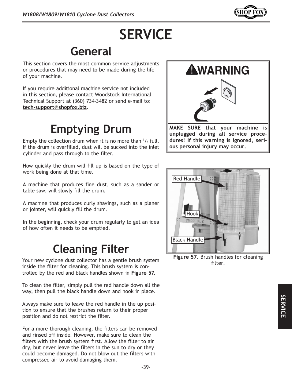 Service, General, Emptying drum | Cleaning filter | Woodstock SHOP FOX W1808 User Manual | Page 41 / 64