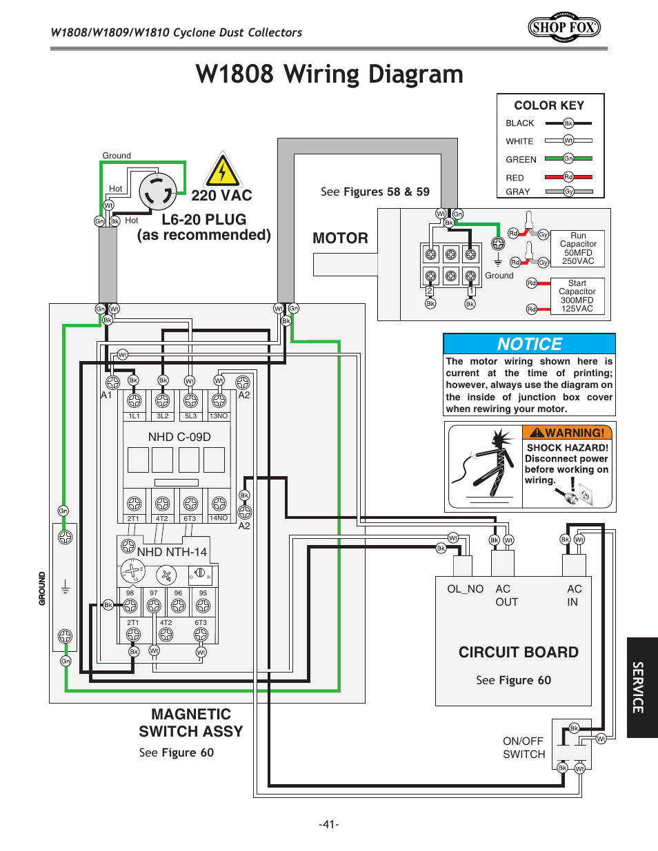 W1808 wiring diagram, Se rv ic e | Woodstock SHOP FOX W1808 User Manual | Page 43 / 64