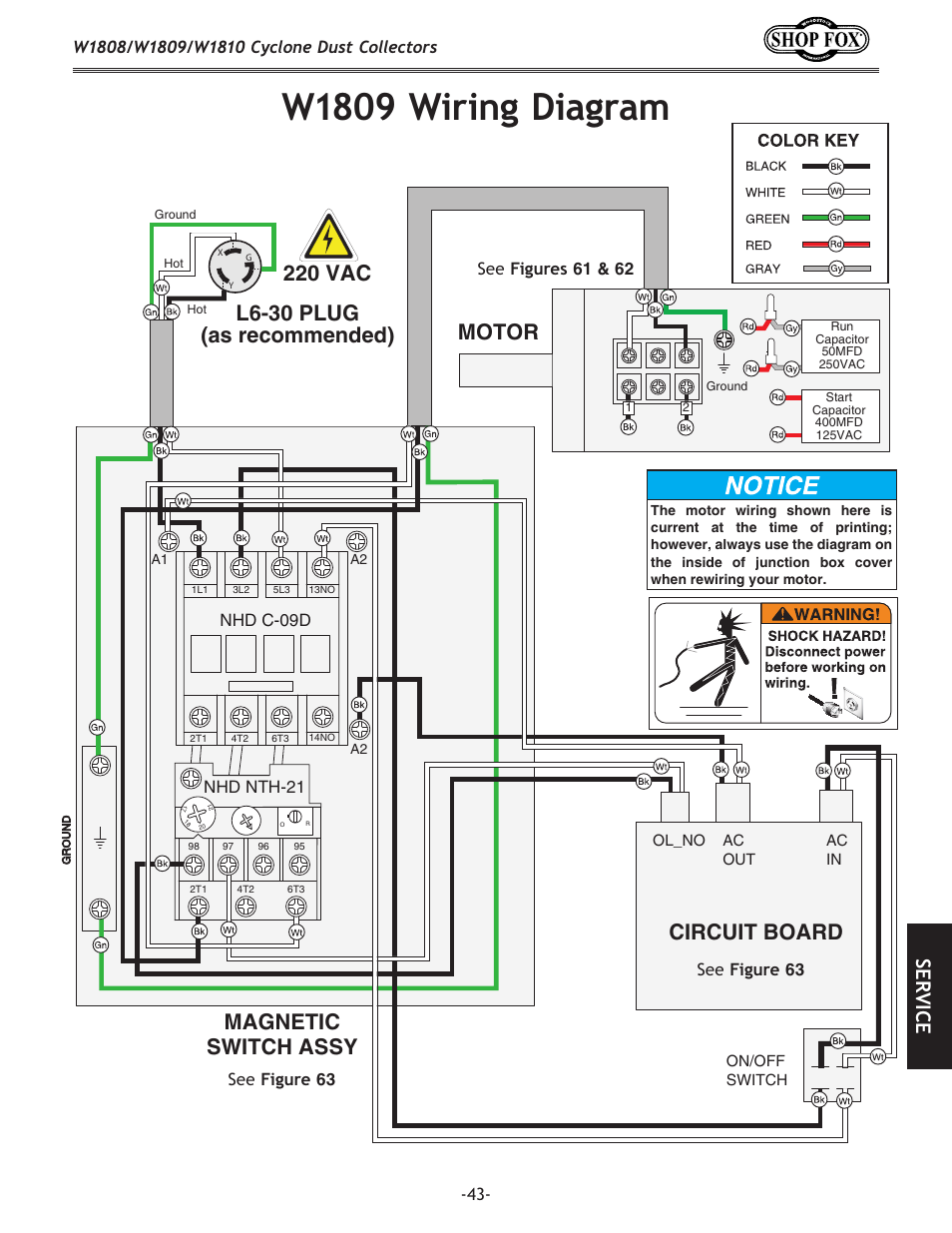 W1809 wiring diagram, Se rv ic e | Woodstock SHOP FOX W1808 User Manual | Page 45 / 64