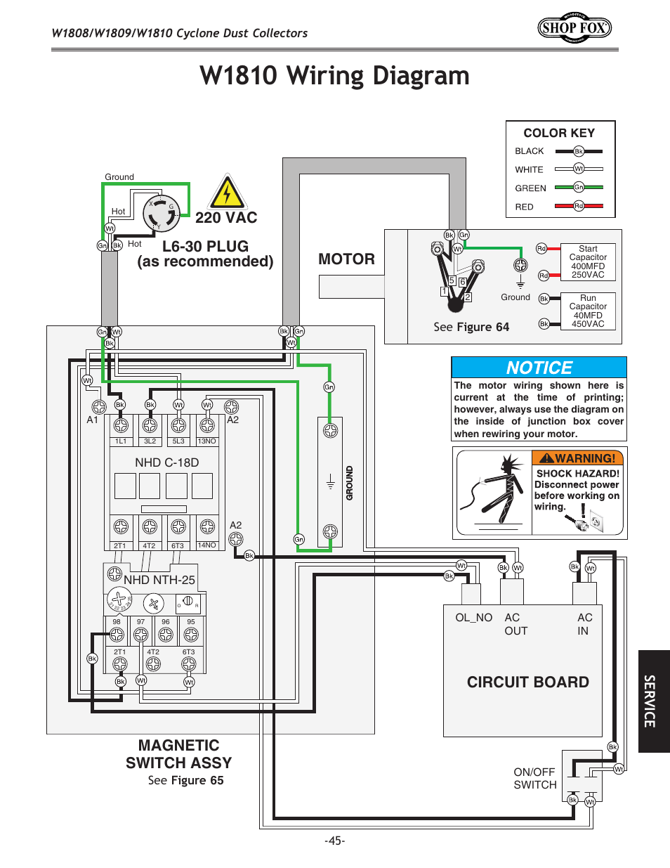 W1810 wiring diagram, Se rv ic e | Woodstock SHOP FOX W1808 User Manual | Page 47 / 64