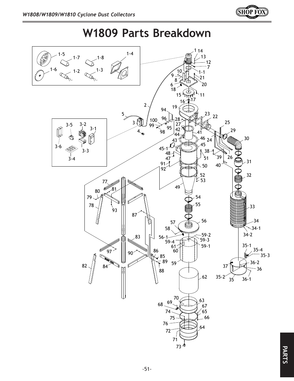 W1809 parts breakdown, Pa rt s | Woodstock SHOP FOX W1808 User Manual | Page 53 / 64