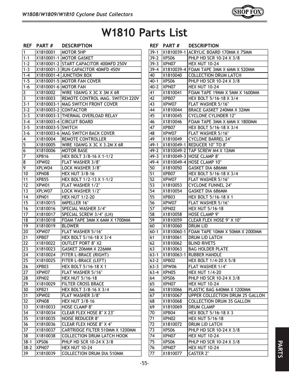 W1810 parts list, Pa rt s | Woodstock SHOP FOX W1808 User Manual | Page 57 / 64