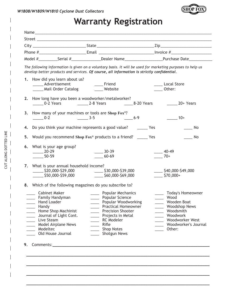 Warranty registration | Woodstock SHOP FOX W1808 User Manual | Page 61 / 64