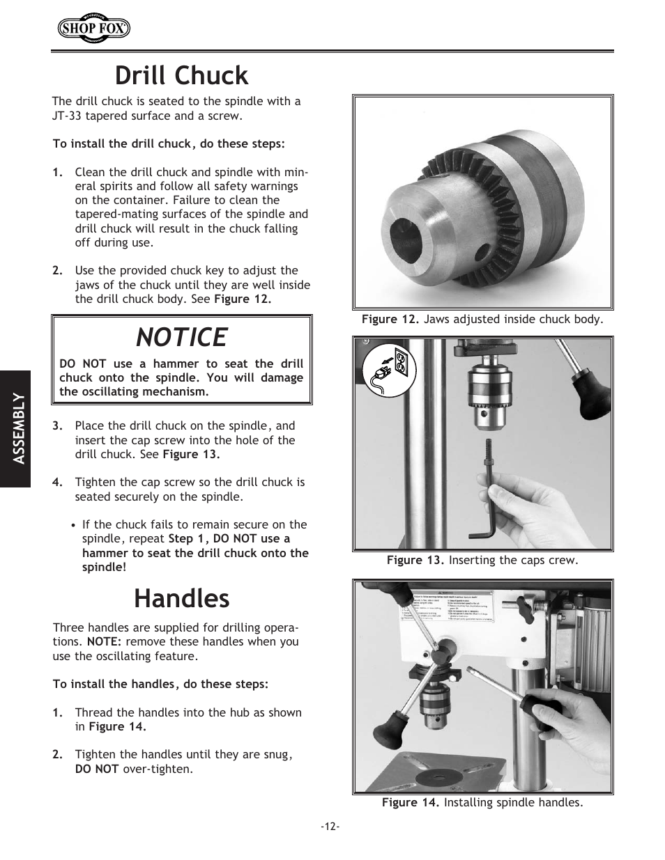 Notice, Handles drill chuck | Woodstock SHOP FOX W1667 User Manual | Page 14 / 36
