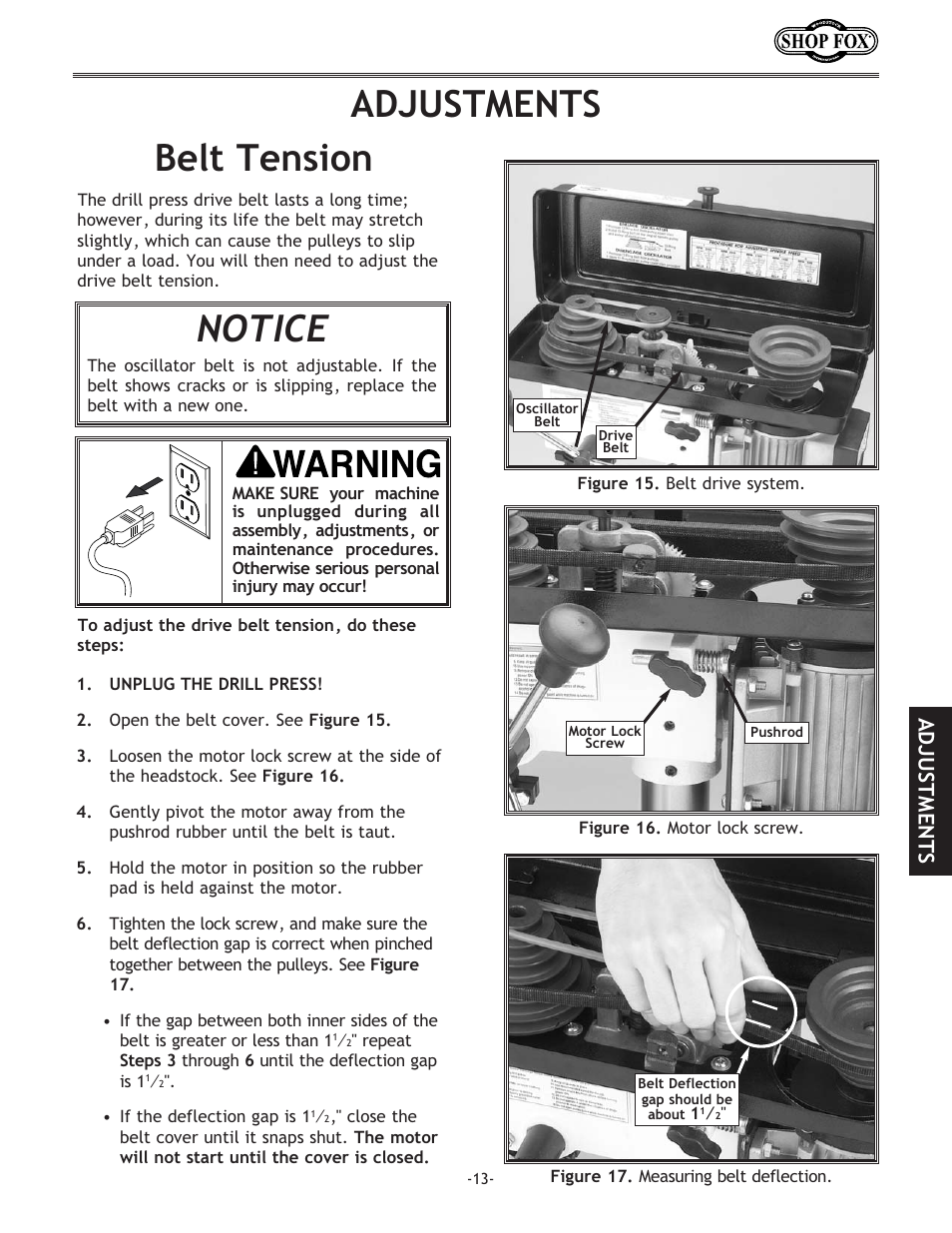 Notice, Belt tension adjustments, Adjustments | Woodstock SHOP FOX W1667 User Manual | Page 15 / 36