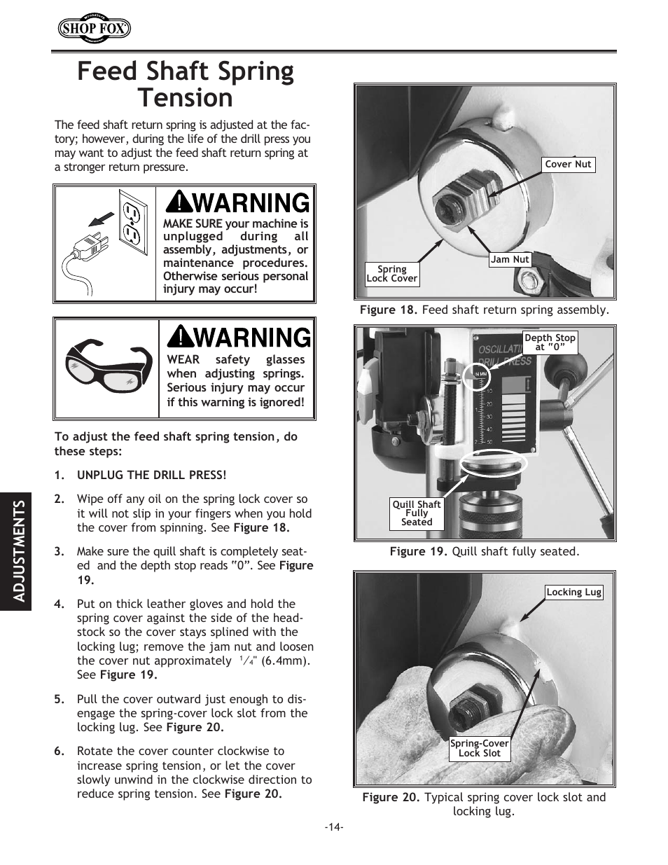 Feed shaft spring tension, Adjustments | Woodstock SHOP FOX W1667 User Manual | Page 16 / 36