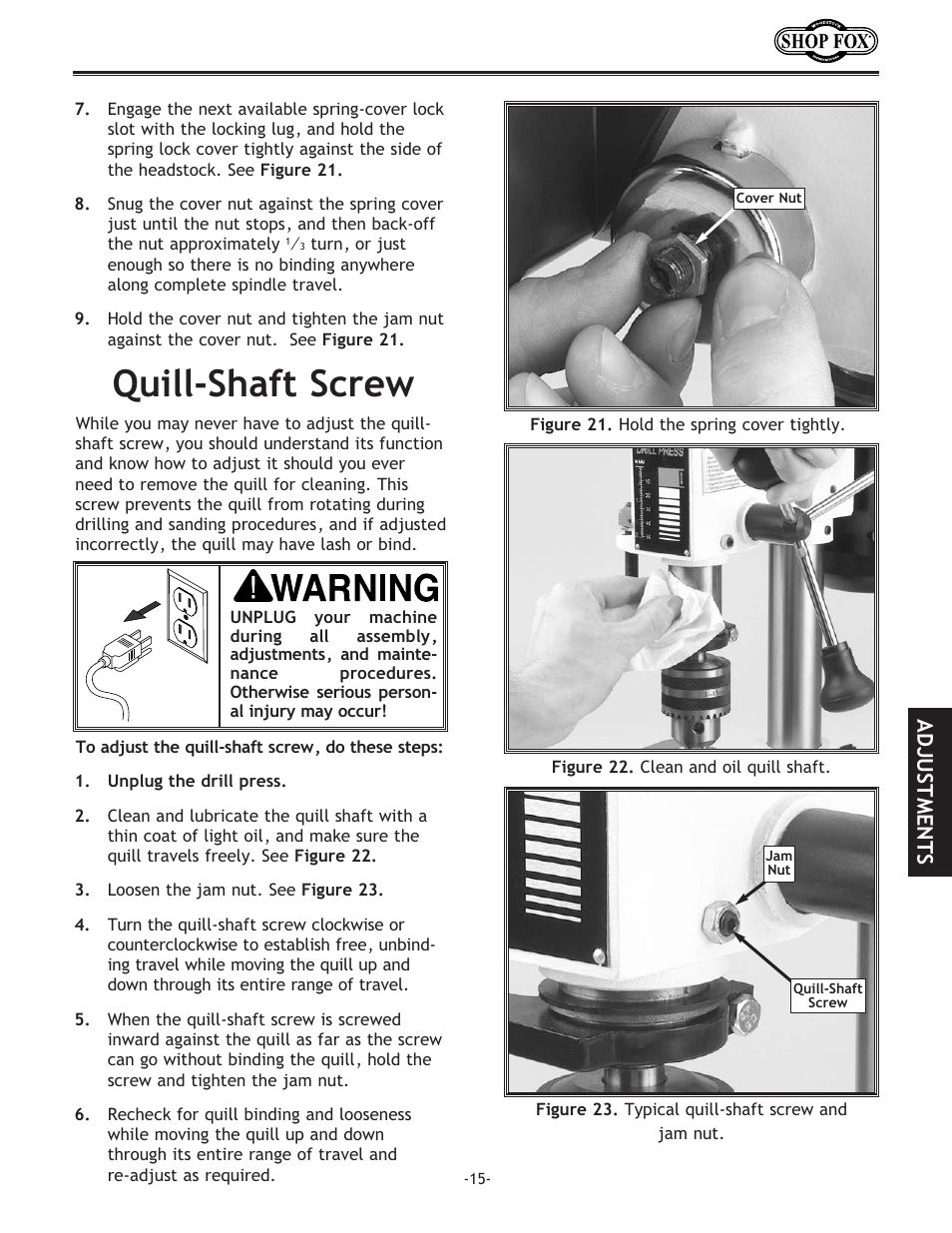 Quill-shaft screw, Adjustments | Woodstock SHOP FOX W1667 User Manual | Page 17 / 36