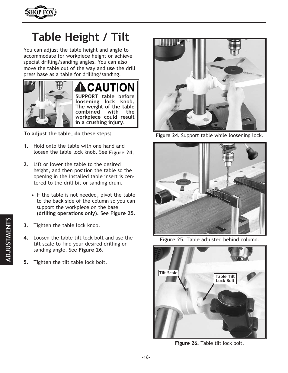 Table height / tilt, Adjustments | Woodstock SHOP FOX W1667 User Manual | Page 18 / 36