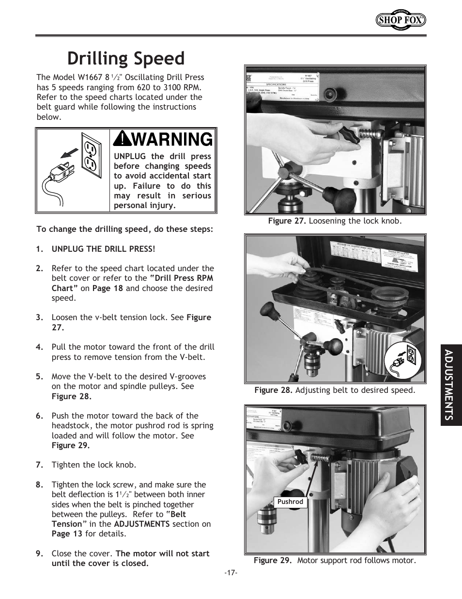 Drilling speed, Adjustments | Woodstock SHOP FOX W1667 User Manual | Page 19 / 36