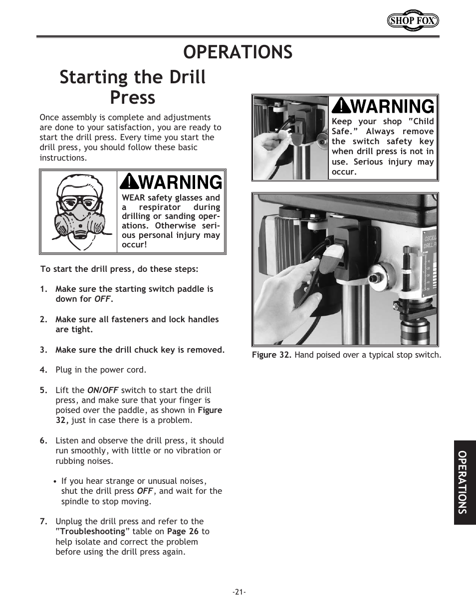 Starting the drill press operations | Woodstock SHOP FOX W1667 User Manual | Page 23 / 36