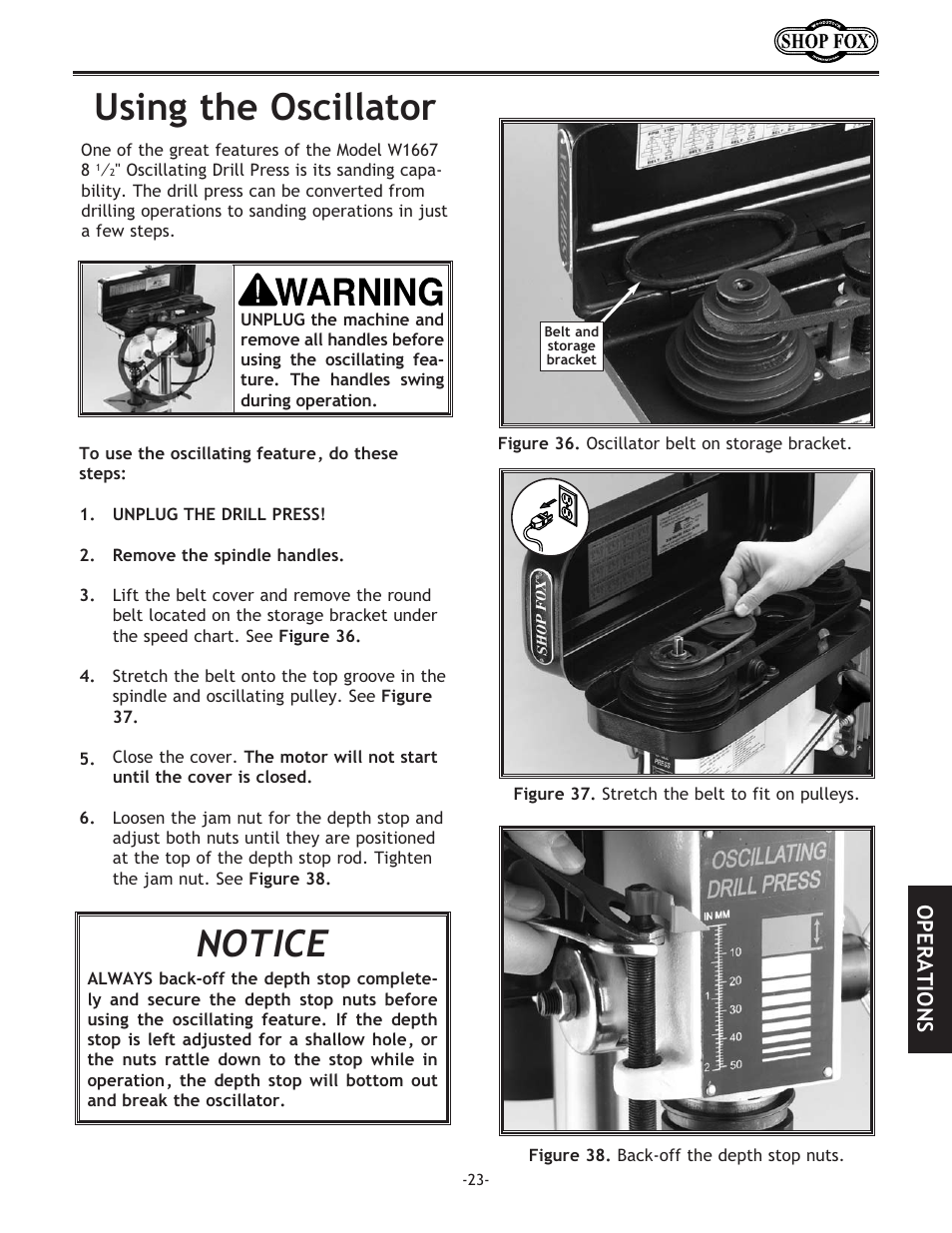 Using the oscillator notice, Operations | Woodstock SHOP FOX W1667 User Manual | Page 25 / 36