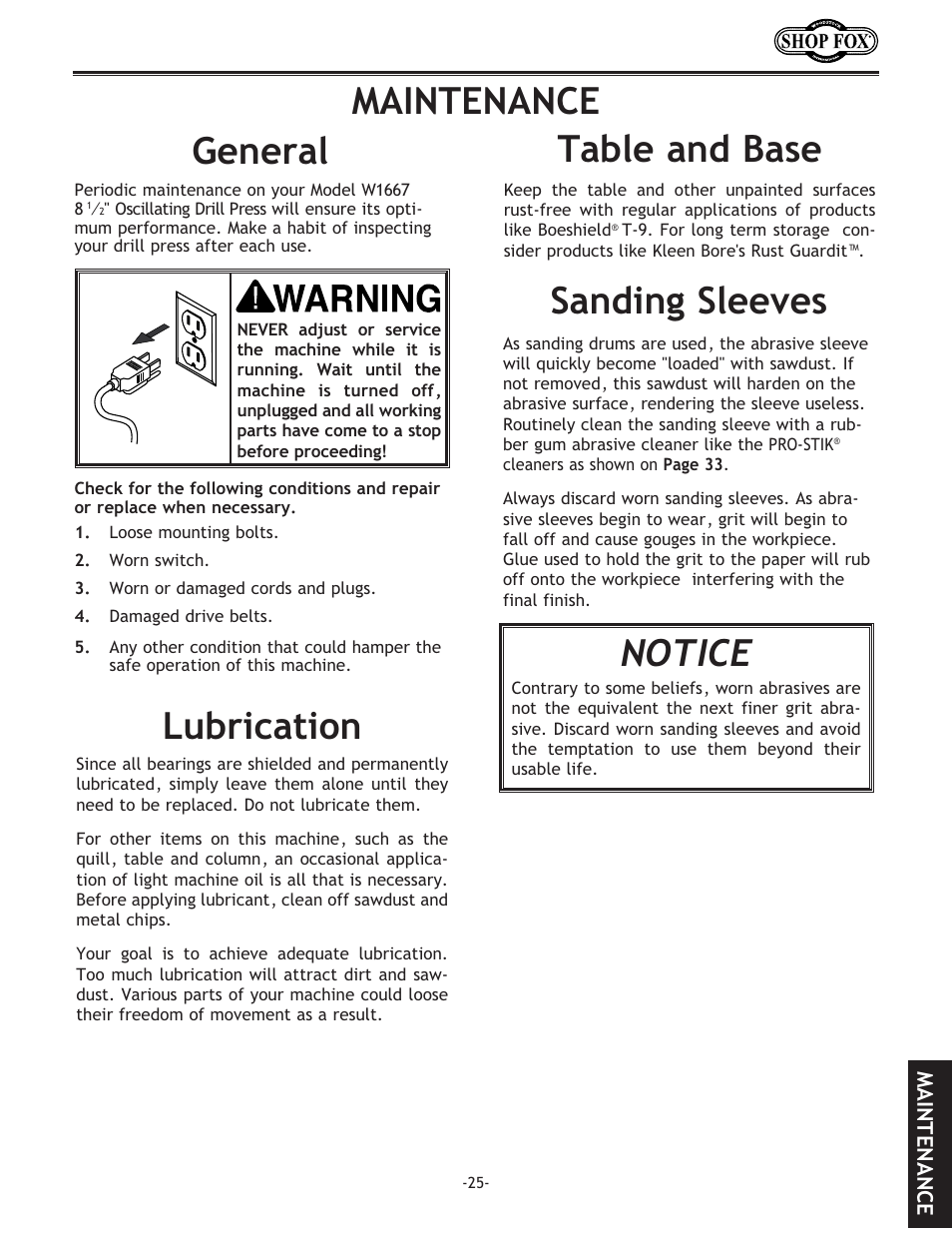Notice, Sanding sleeves, Table and base lubrication general maintenance | Woodstock SHOP FOX W1667 User Manual | Page 27 / 36