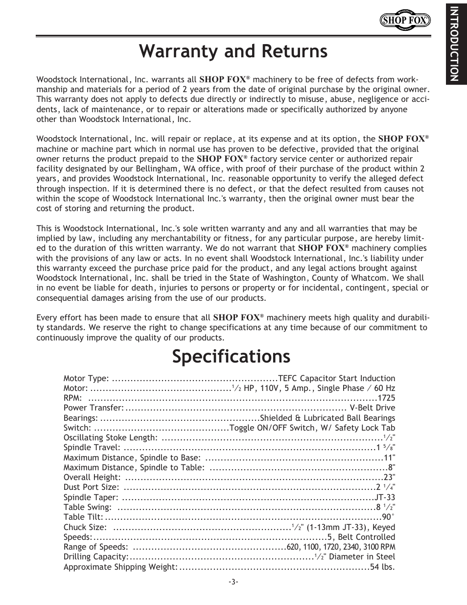 Specifications, Warranty and returns, Introduction | Woodstock SHOP FOX W1667 User Manual | Page 5 / 36