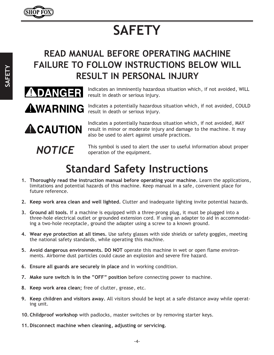 Safety, Standard safety instructions, Notice | Woodstock SHOP FOX W1667 User Manual | Page 6 / 36