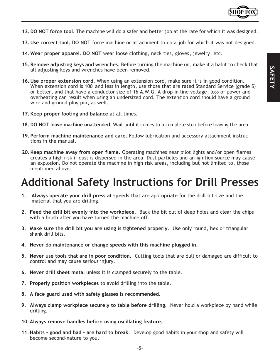 Additional safety instructions for drill presses | Woodstock SHOP FOX W1667 User Manual | Page 7 / 36