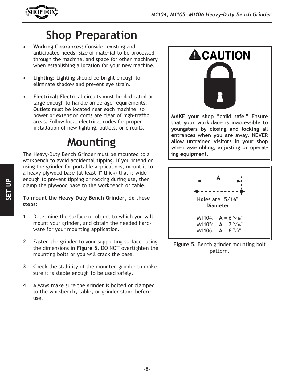 Shop preparation, Mounting, Set up | Woodstock M1104 User Manual | Page 10 / 28