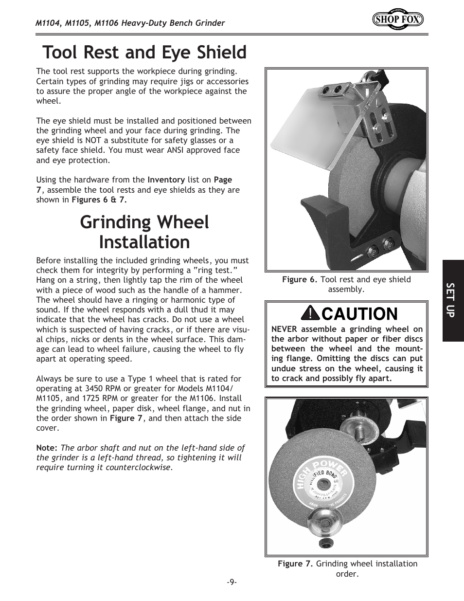 Tool rest and eye shield, Grinding wheel installation | Woodstock M1104 User Manual | Page 11 / 28