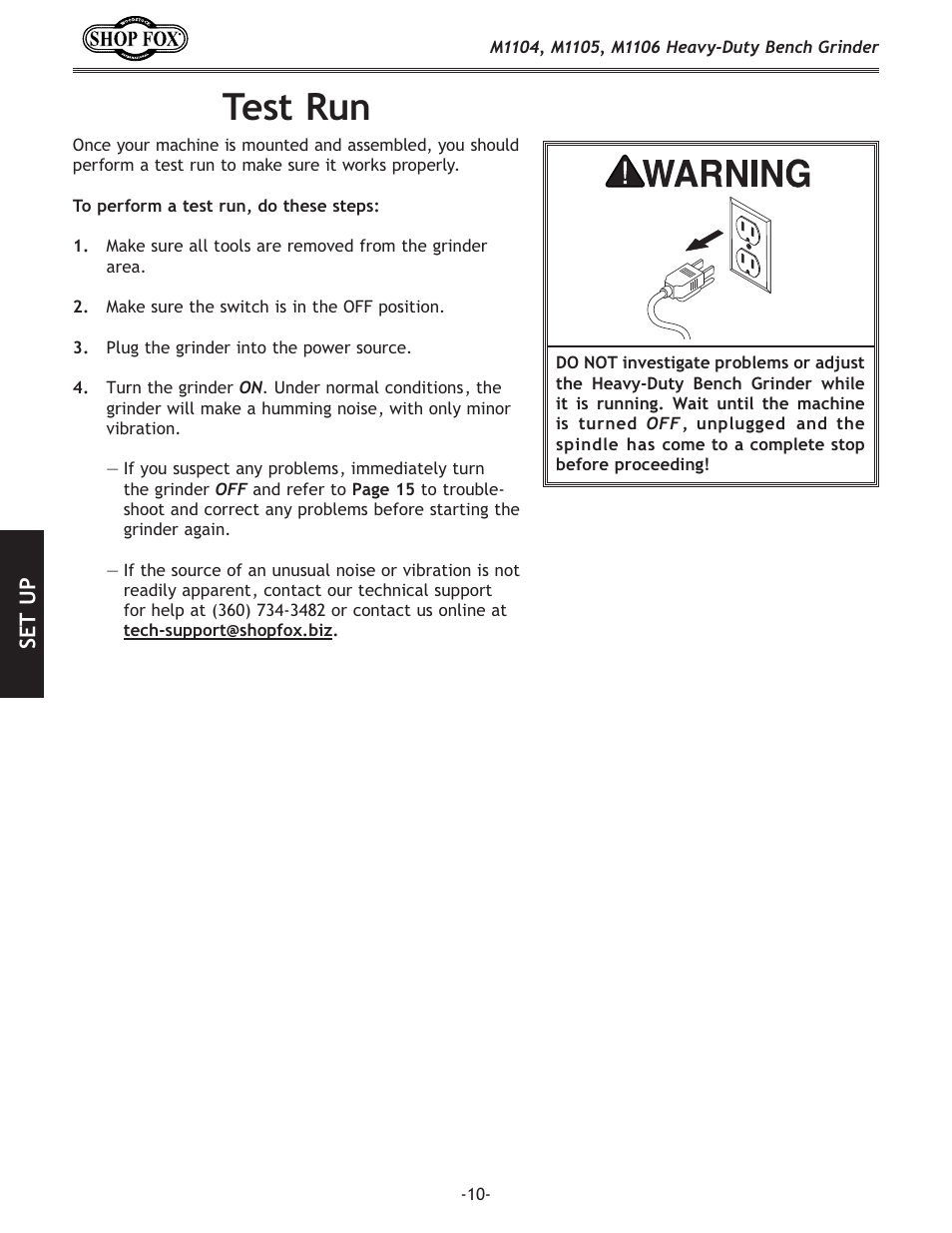 Test run | Woodstock M1104 User Manual | Page 12 / 28