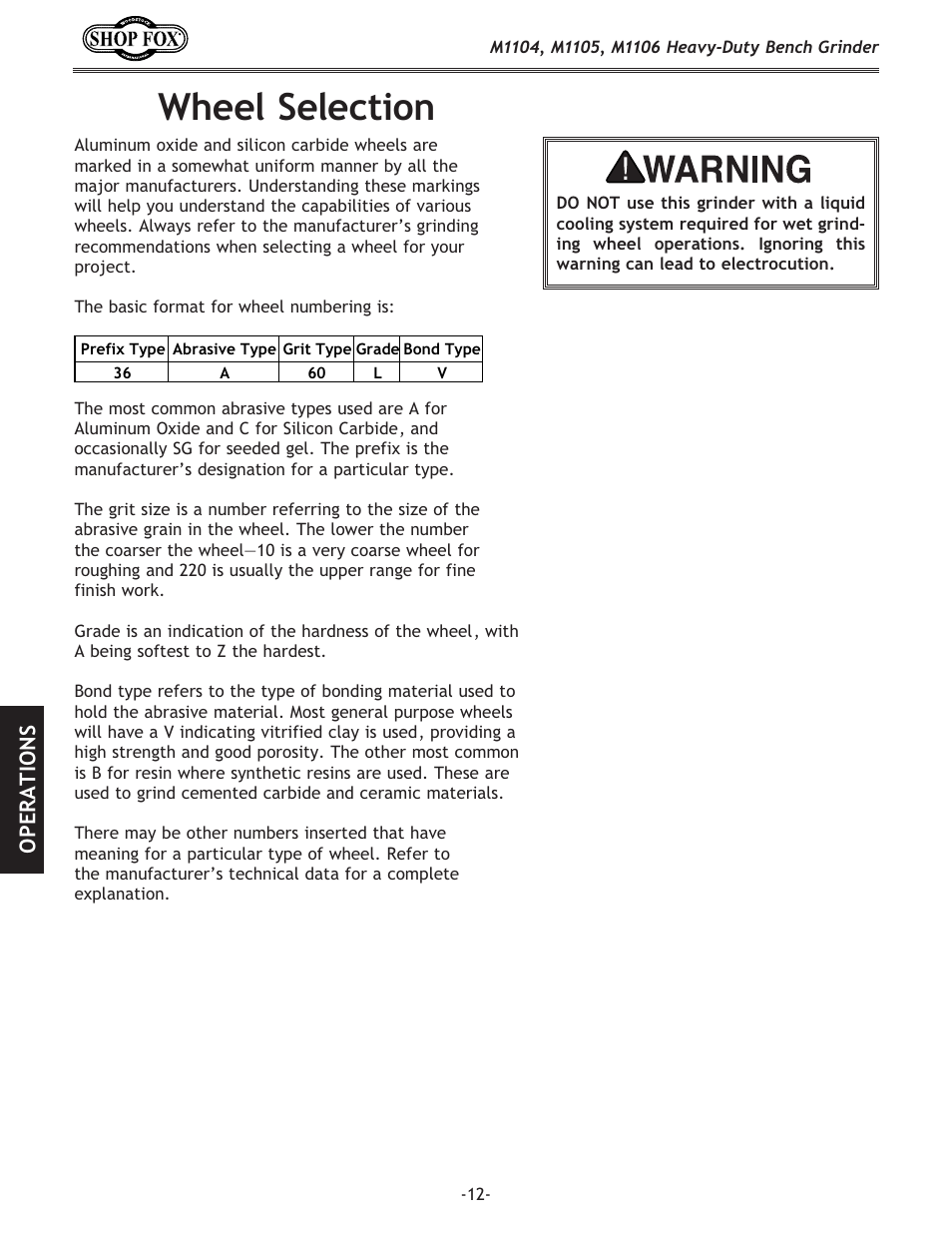 Wheel selection, Operations | Woodstock M1104 User Manual | Page 14 / 28