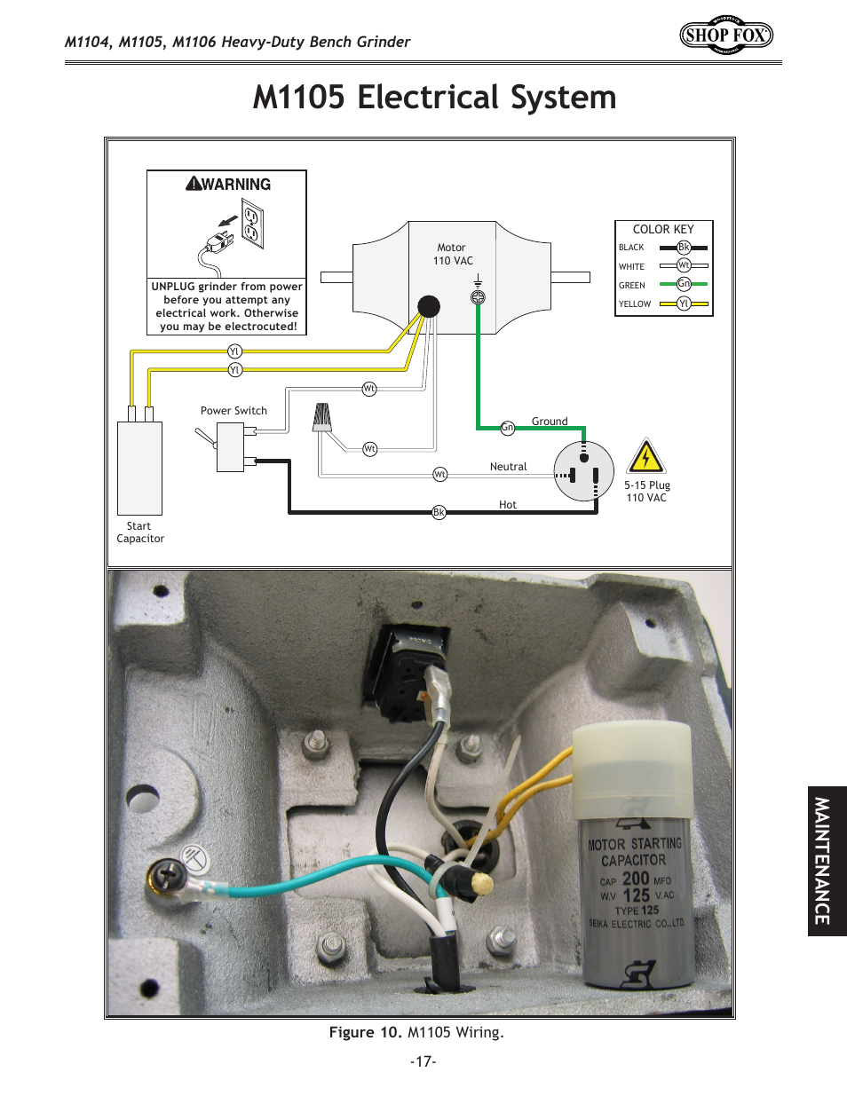 M1105 electrical system, Maintenance | Woodstock M1104 User Manual | Page 19 / 28