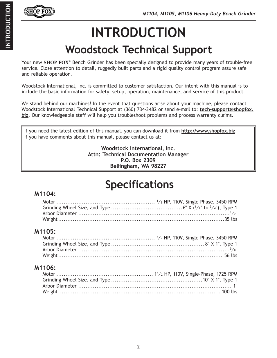 Woodstock technical support, Specifications, Introduction | M1104, M1105, M1106 | Woodstock M1104 User Manual | Page 4 / 28