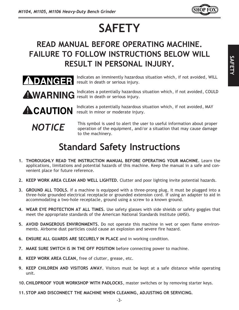 Safety, Standard safety instructions, Notice | Woodstock M1104 User Manual | Page 5 / 28