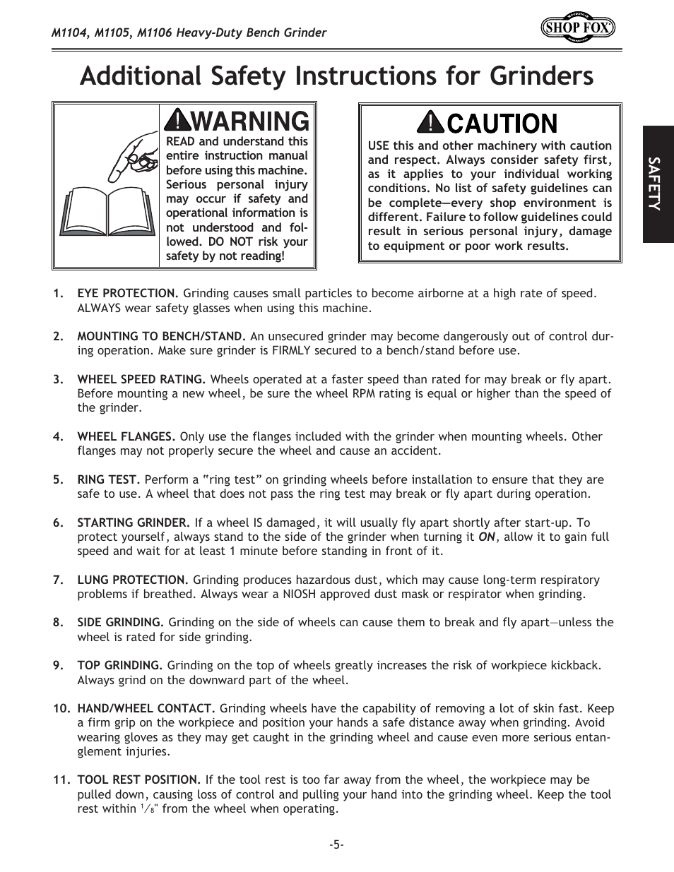 Additional safety instructions for grinders, Safety | Woodstock M1104 User Manual | Page 7 / 28