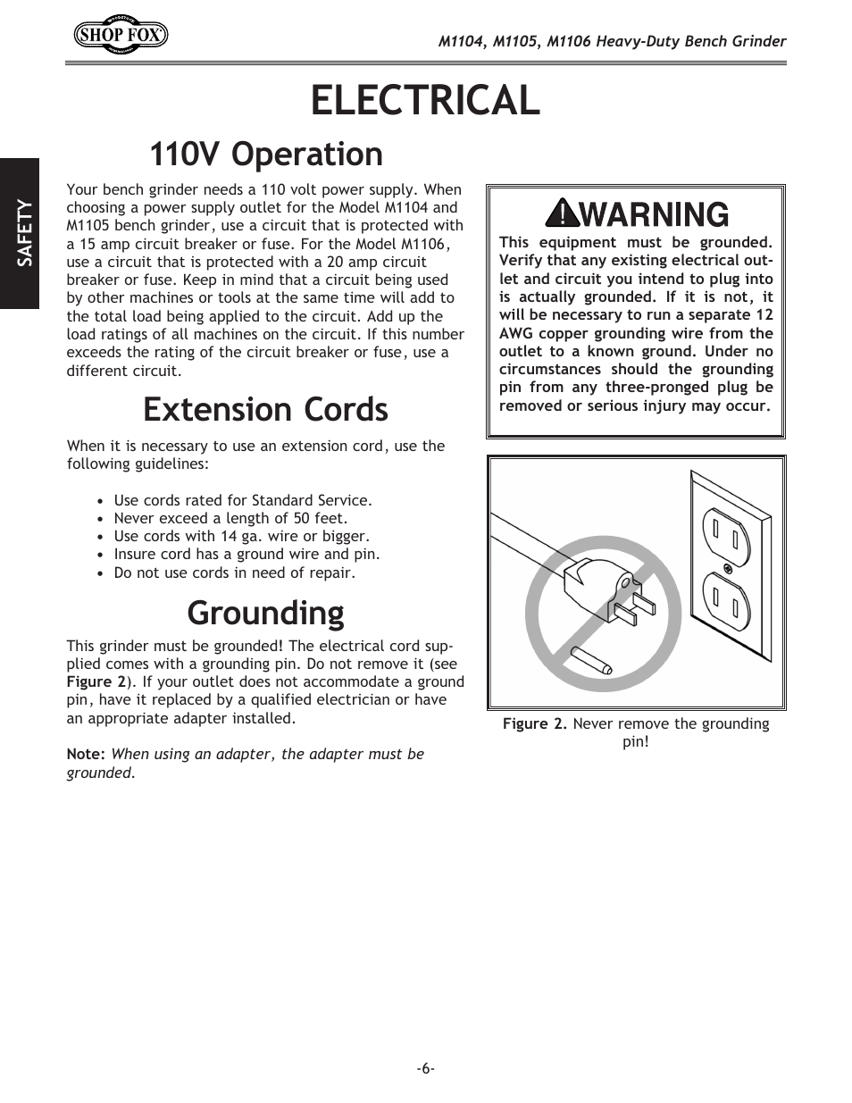 Electrical, 110v operation, Extension cords grounding | Woodstock M1104 User Manual | Page 8 / 28