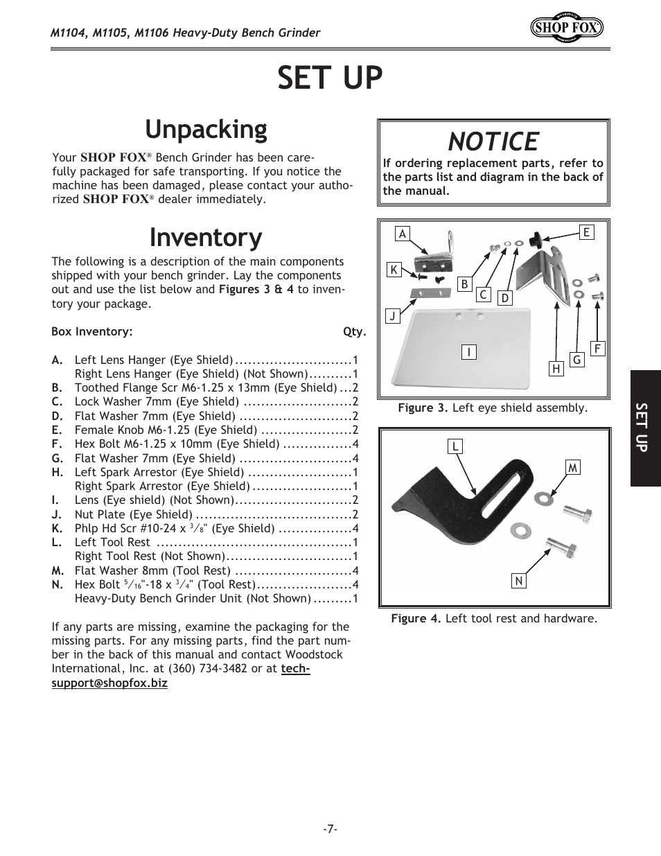 Unpacking, Notice, Inventory | Set up | Woodstock M1104 User Manual | Page 9 / 28