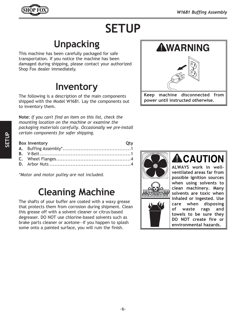 Setup, Unpacking, Inventory cleaning.machine | Woodstock W1681 User Manual | Page 8 / 20